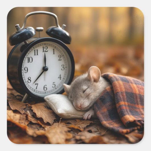 Mouse Sleeping By an Alarm Clock Vierkante Sticker (Voorkant)