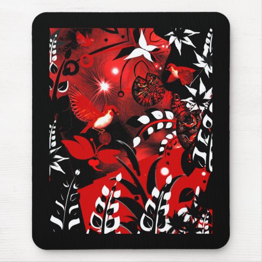 Mousepad Aziatische Bloemen Rode Vogels Muismat (Voorkant)