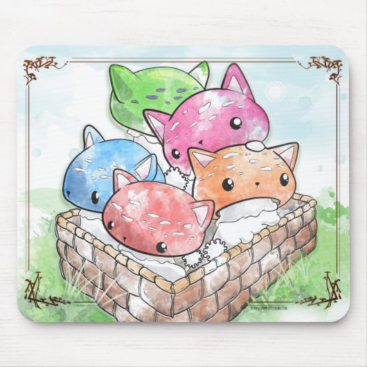 Mousepad Cute Cat Mushrooms in een mandje Muismat (Voorkant)