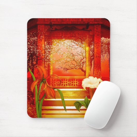 Mousepad Rood Gouden Gele Bloem Muismat (Met muis)