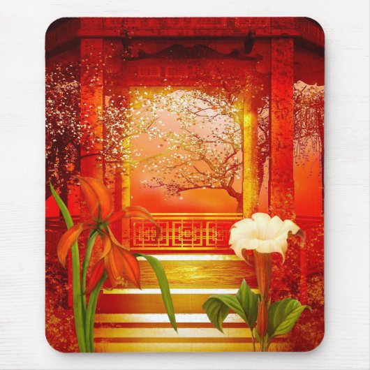 Mousepad Rood Gouden Gele Bloem Muismat (Voorkant)