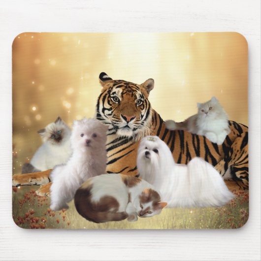 Mousepad Tiger Dogs Cats vrienden Muismat (Voorkant)