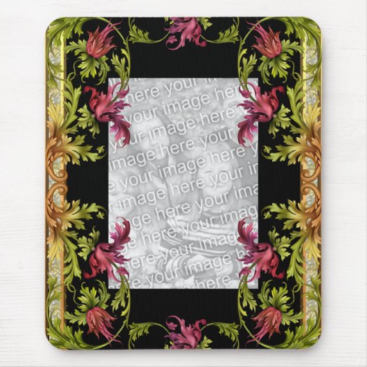 Mousepad  "VOEG je foto toe" Zwarte Floral Muismat (Voorkant)