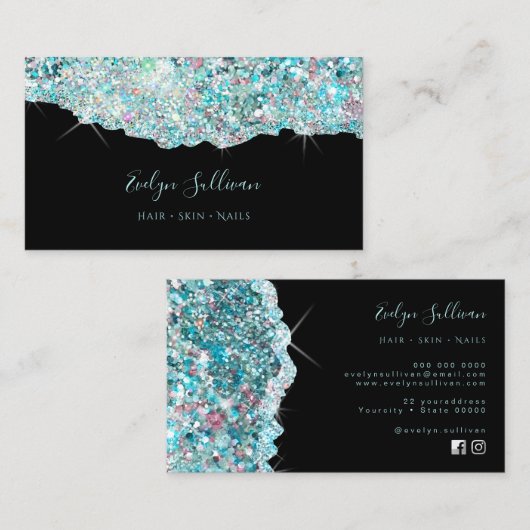mousserend blauwgroen glitter visitekaartje (Voorkant / Achterkant)