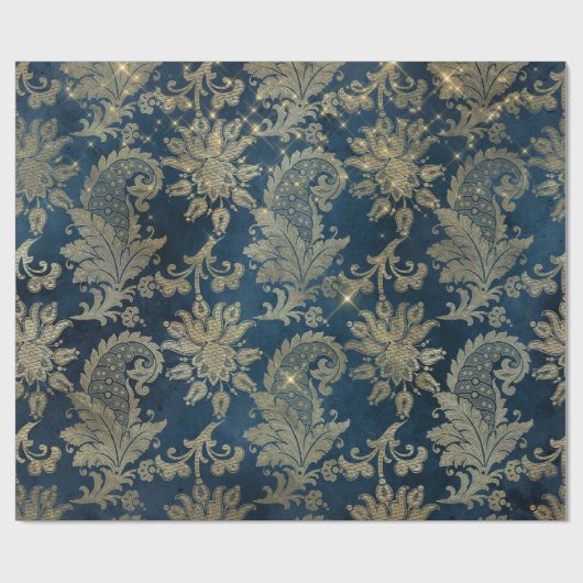 Mousserend Blue en Gold  Damask Cadeaupapier (Vlak)