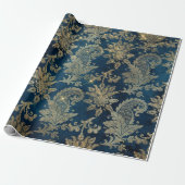 Mousserend Blue en Gold  Damask Cadeaupapier (Uitgerold)