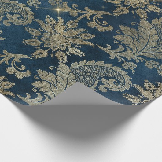 Mousserend Blue en Gold  Damask Cadeaupapier (Hoek)