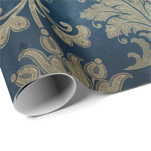 Mousserend Blue en Gold  Damask Cadeaupapier (Rol Hoek)
