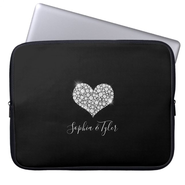 Mousserend Diamond Heart, witte scriptnamen, zwart Laptop Sleeve (Voorkant)