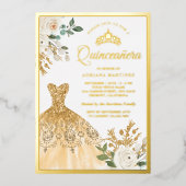 Mousserend Gold Gown Ivory Floral Quinceanera Gold Folie Uitnodiging (Voorkant)