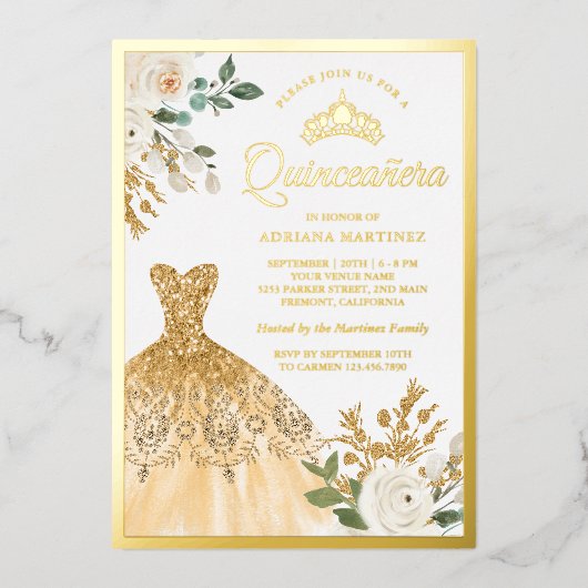 Mousserend Gold Gown Ivory Floral Quinceanera Gold Folie Uitnodiging (Voorkant)