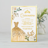 Mousserend Gold Gown Ivory Floral Quinceanera Gold Folie Uitnodiging (Staand Voorkant)