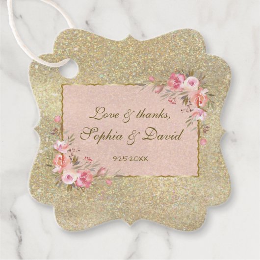 Mousserend goud Glitter Blush Floral Wedding Bedankjes Labels (Voorkant)