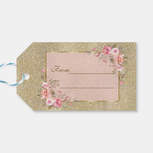 Mousserend goud Glitter Blush Floral Wedding Cadeaulabel (Achterkant Horizontaal)