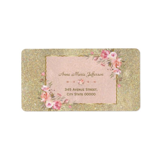 Mousserend goud Glitter Blush Floral Wedding Etiket (Voorkant)