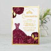 Mousserend Gown Burgundy Floral Quinceanera Gold Folie Uitnodiging (Staand Voorkant)
