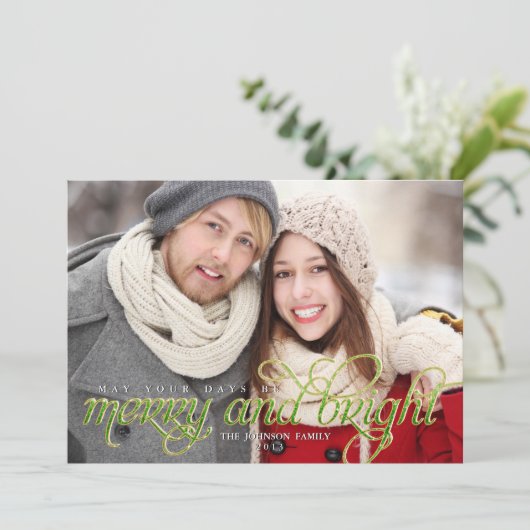 Mousserend Script Merry en Bright Holiday Card Feestdagenkaart (Staand voorkant)