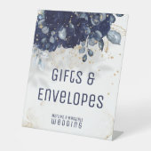Mousserende blauw geschenken en envelopkaarten reclamebord met voetstuk (Voorkant)