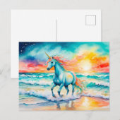 Mousserende blauwe eenhoorn galopperend op de ocea briefkaart (Voorkant / Achterkant)