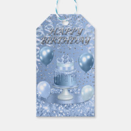 Mousserende blauwe verjaardagstaart cadeaulabel