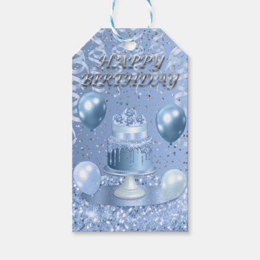Mousserende blauwe verjaardagstaart cadeaulabel (Voorkant)