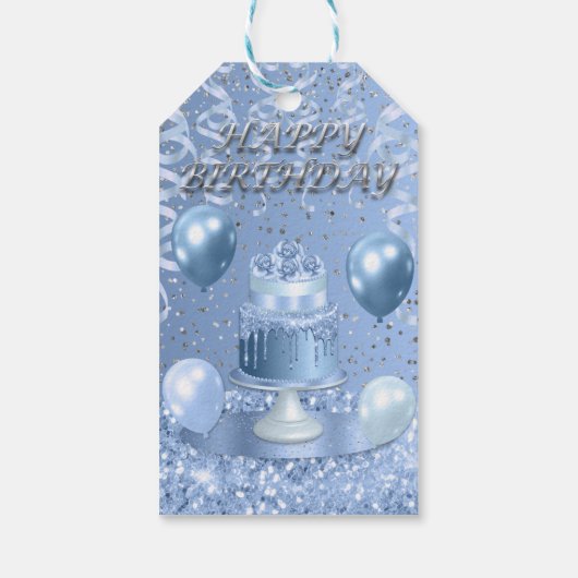 Mousserende blauwe verjaardagstaart cadeaulabel (Achterkant)