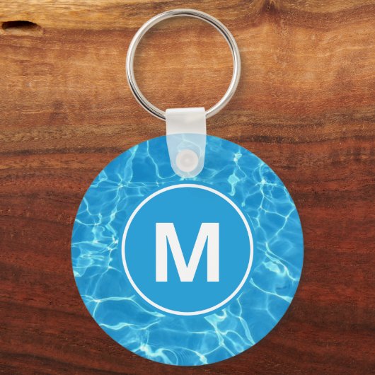 Mousserende blauwe zwembad Watermonogram Keycha Sleutelhanger (Voorkant)