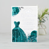 Mousserende Blauwgroen Rozen Quinceanera Folie Uitnodiging (Staand Voorkant)