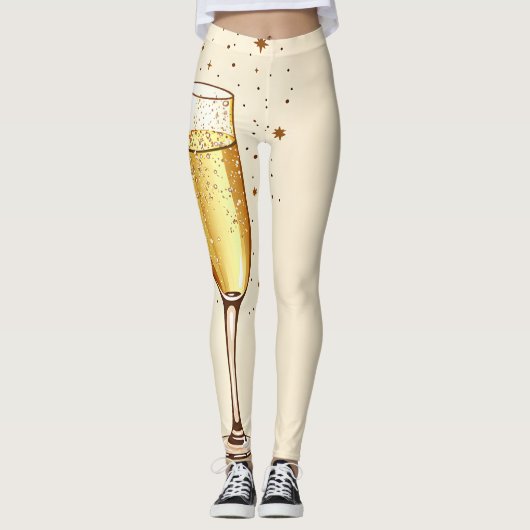 Mousserende Champagne Glas Print in Beige en Goud Leggings (Voorkant)