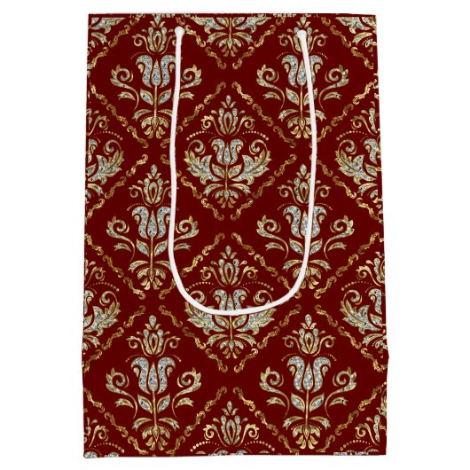 Mousserende damaspatroon op donkerrood medium cadeauzakje (Achterkant)