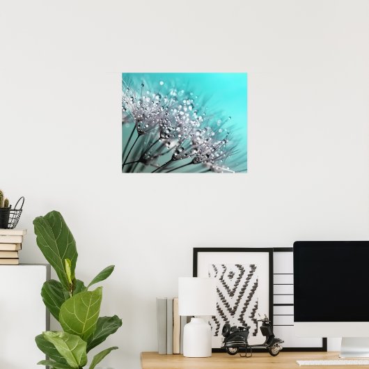 Mousserende dauw Dandelion Aqua Cyan Achtergrond Poster (Thuiskantoor)