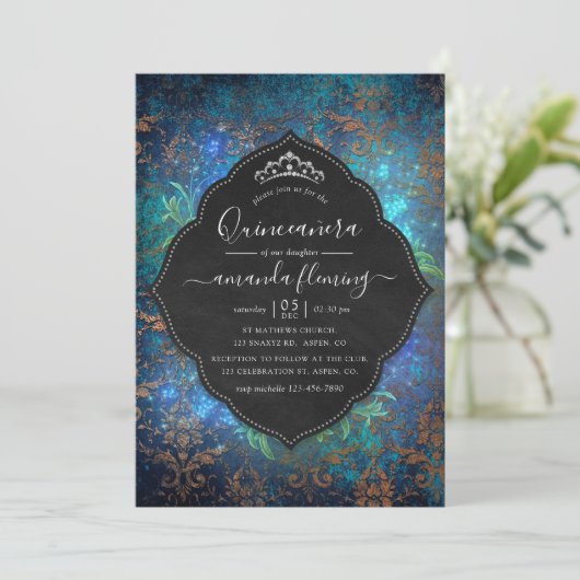 Mousserende Fantasy  Damask Quinceañera Kaart (Staand voorkant)