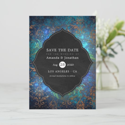Mousserende Fantasy Damask Weduwfoto Sav Save The Date (Staand voorkant)