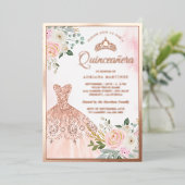 Mousserende gans Blush Floral Quinceanera Roos Gol Folie Uitnodiging (Staand Voorkant)