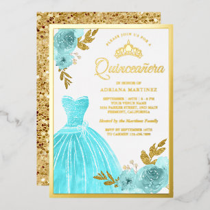 Mousserende garnaal Aqua Blue Floral Quinceanera G Folie Uitnodiging