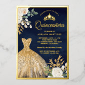 Mousserende garnaal voor de Floral Navy Quinceaner Folie Uitnodiging (Voorkant)