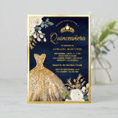 Mousserende garnaal voor de Floral Navy Quinceaner Folie Uitnodiging (Staand Voorkant)