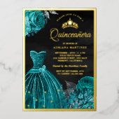 Mousserende geit Blauwgroen Rozen Zwarte Quinceane Folie Uitnodiging (Voorkant)