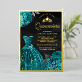 Mousserende geit Blauwgroen Rozen Zwarte Quinceane Folie Uitnodiging (Staand Voorkant)