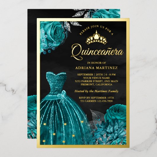 Mousserende geit Blauwgroen Rozen Zwarte Quinceane Folie Uitnodiging (Voorkant / Achterkant)