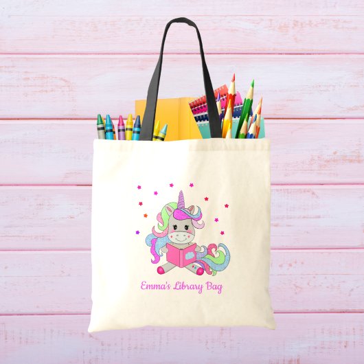 Mousserende glitter Unicorn die haar boeknaam lees Tote Bag