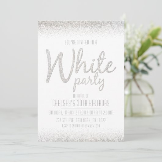 Mousserende, Glitter White Party-uitnodigingen Kaart (Staand voorkant)