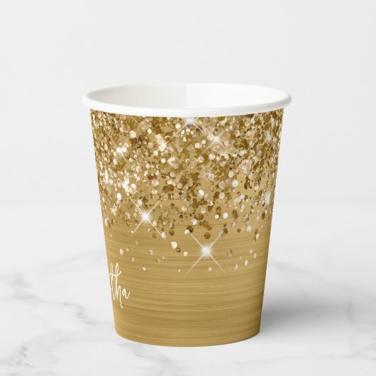 Mousserende glittery Gold Glam Script Name Papieren Bekers (Links)