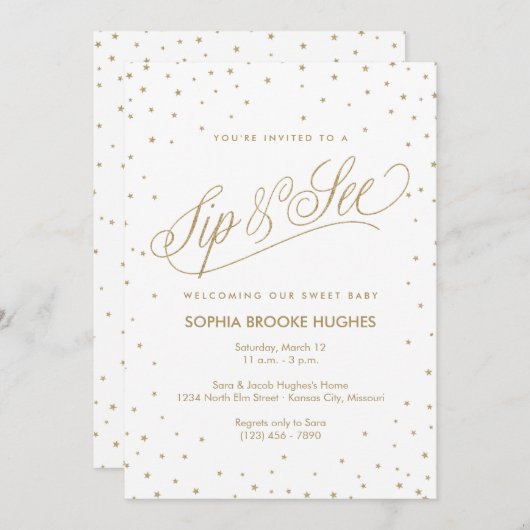 Mousserende Gold Stars Modern Sip en See Shower Kaart (Voorkant / Achterkant)