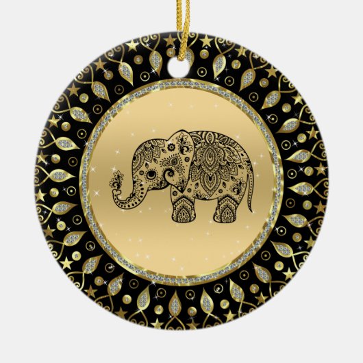 Mousserende gouden lijst zwarte bloemenolifant keramisch ornament (Voorkant)
