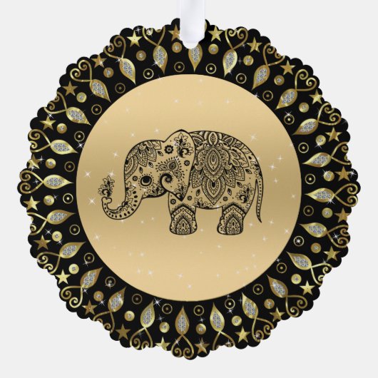 Mousserende gouden lijst zwarte bloemenolifant ornament kaart (Achterkant)