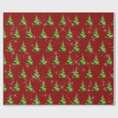 Mousserende groene lint kerstbomen op rood cadeaupapier (Vlak)