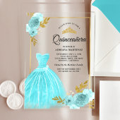 Mousserende jurk Aqua Blue Floral Gold Quinceanera Acryl Uitnodigingen