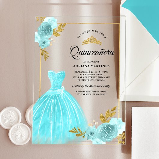 Mousserende jurk Aqua Blue Floral Gold Quinceanera Acryl Uitnodigingen