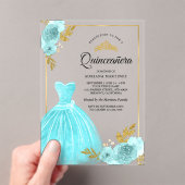 Mousserende jurk Aqua Blue Floral Gold Quinceanera Acryl Uitnodigingen (Insitu (Draagbaar))